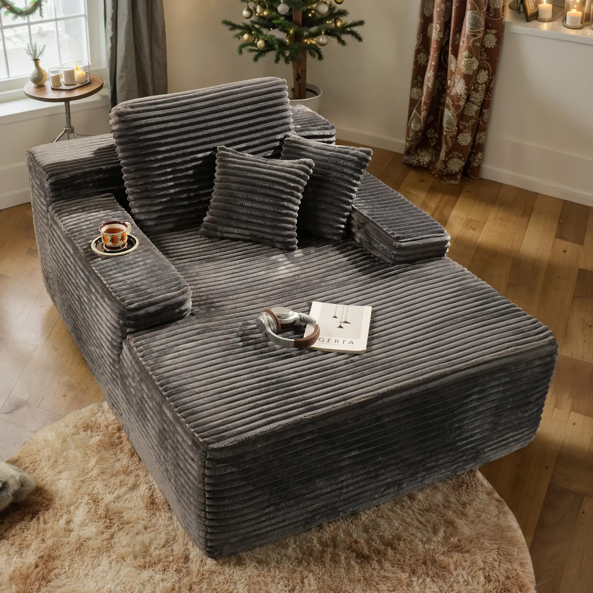 Boneless Chaise Lounge Upholstered Sofa Bed Couches with Throw Pillows, 48.42" Deep, Soft Corduroy, Viral Couch,No Assembly Required, Indoor Sleeper Chair,Big Comfy Couch