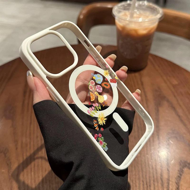 Adorable Duck Surrounded By Colorful Fruits Phone Case Featuring A Soft Tpu Back With Built-In Strong Magnet Ring, Blending Smooth Macaron Texture With Secure Magsafe Compatibility For iPhone 17 16 15 14 13 12 11 X XS