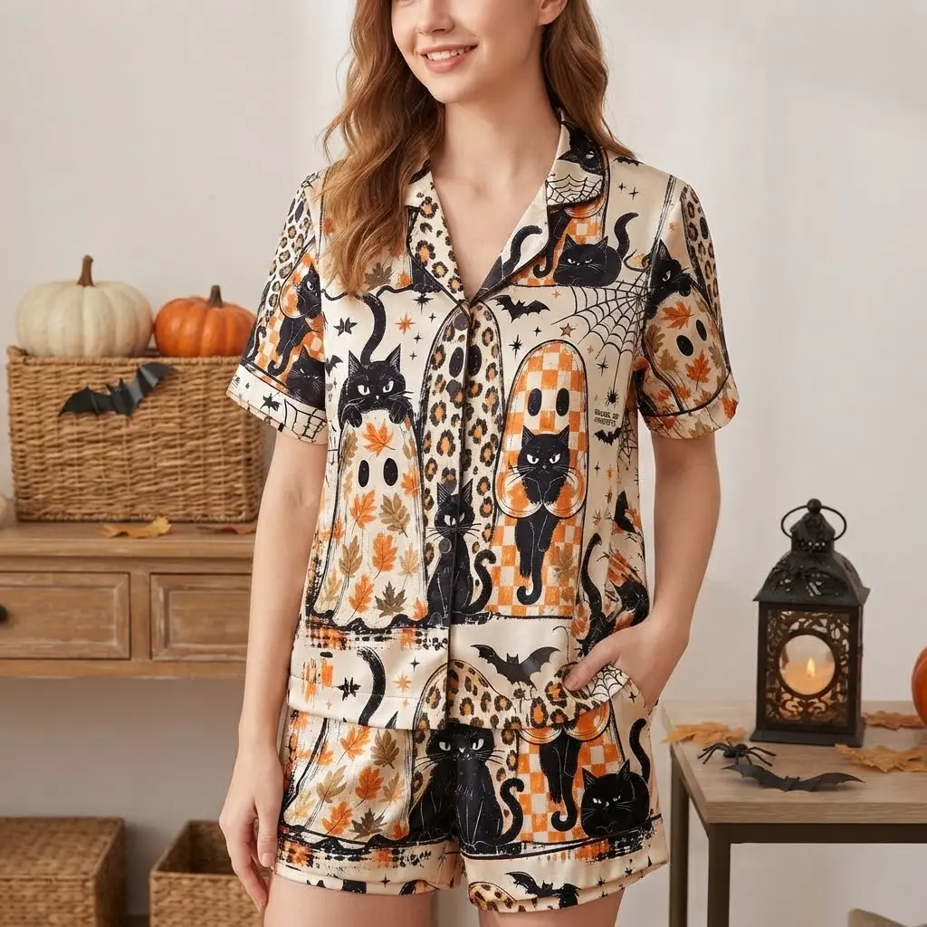 Spooky Black Cat Ghost Satin Pajama Set, Autumn Leaves Checkered Silk PJs, Whimsical Bat Loungewear Gift for Her