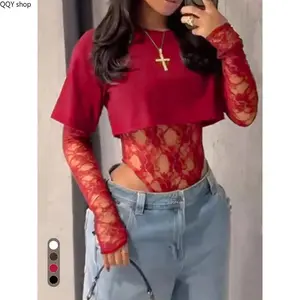 Women's Floral Lace Patchwork Bodysuit, Crew Neck Long Sleeve Fitted Crop Top Pullover, Sexy Aesthetic Slim Fit Fashion Womenswear, Versatile Casual Streetwear Perfect for Night Out, Dating Party and Daily Trendy Outfit Styling