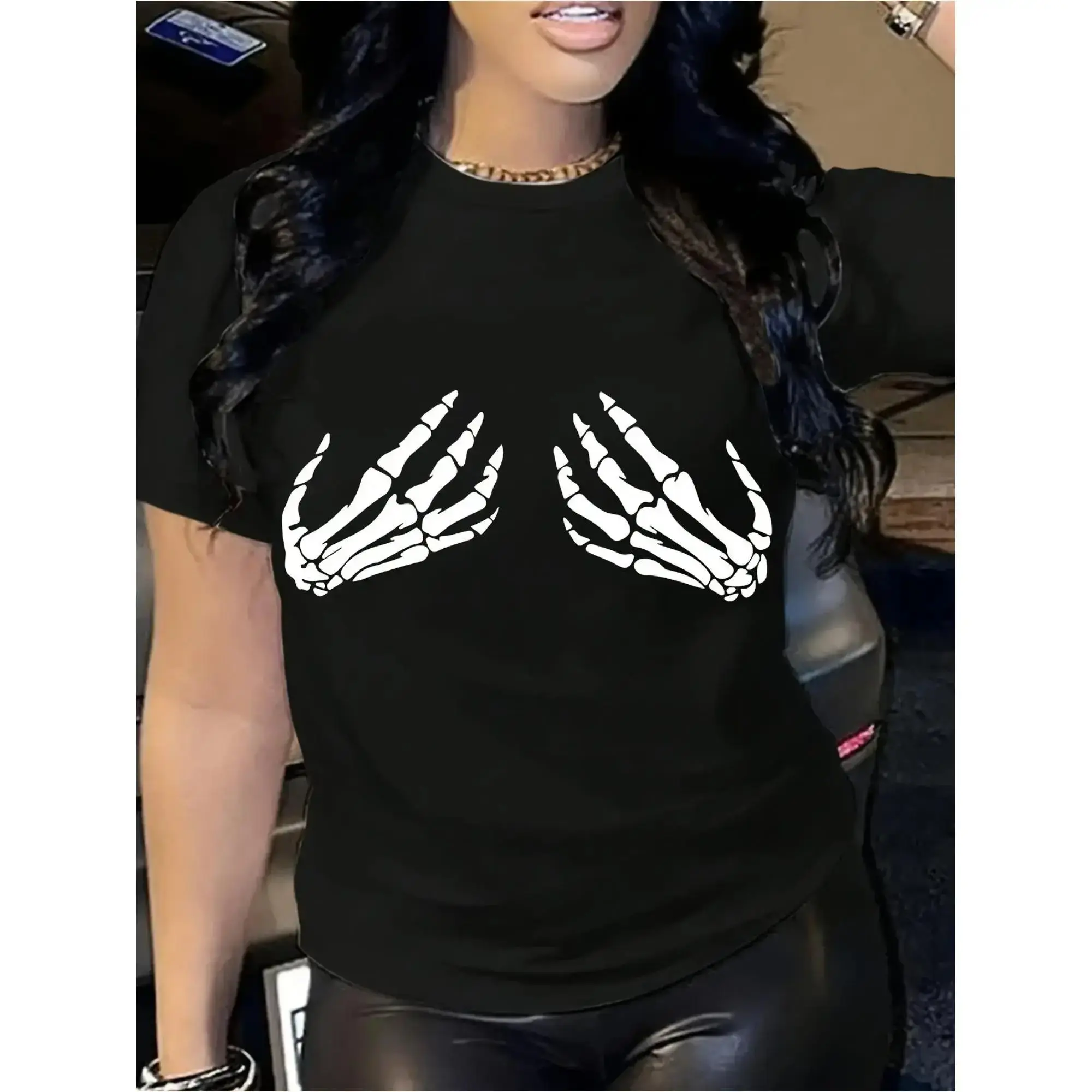 Women's 100% Cotton Short-Sleeve Round Neck T-Shirt - Skeleton Hand, Bold Prints, Sport Chic, Edgy Graphic, Casual Summer Streetwear, Machine-Washable (Black)