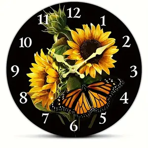 A circular clock, sunflower butterfly design wall clock, silent non-ticking art wall clock, circular wall clock for home decoration, wall decor for living room, kitchen, home, bathroom, bedroom, office or school, acrylic bedroom decoration, apartment deco