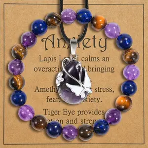 2Pcs Amethyst Butterfly Pendant Necklace and Bead Bracelet For Women'S Jewelry Set Gift