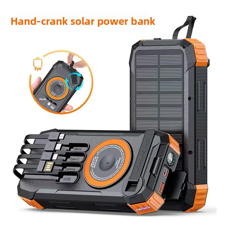 Solar Power Bank 20000mAh Hand Crank Charger Portable External Battery Pack with LED Light for Outdoor Camping Emergency Use