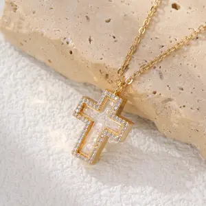 Dancing Diamonds Cross Necklace for Women 14K Gold Filled Moving CZ Religious Pendant Hypoallergenic Faith Jewelry Adjustable Chain Birthday Gift for Her Date Night Party Classic Design