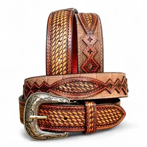 Boho Y2K Vintage Style Belt Western Leather Belt Western Belt for Men Full Grain One Piece Leather Y2K Vintage Cowboy 1.5" Wide Handmade Belt with Buckle Engraved Tooled Floral Western Leather Belt