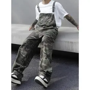 Men'S Fashion Camo Denim Overalls, 100% Cotton, Extra Long Length, All-Season Casual Regular Fit with Pockets, Woven Fabric, 288g/m2 - Versatile Streetwear