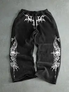 Men's High Street Washed Straight Leg Fitted Pants, Vintage Distressed Print, Pure Cotton Stretchy Fabric, All Season Fashion