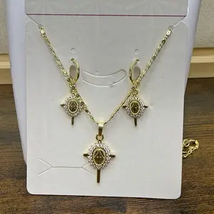 Gold Laminated Cross Earrings & Necklace Set with Rhinestones and Chain Design