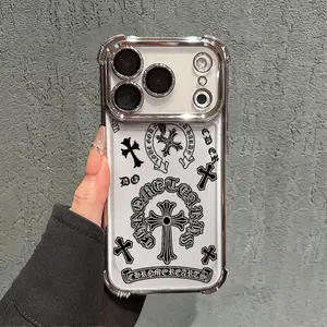 Gothic Cross Flower Double Logo Allover Phone Case for iPhone 17 AIR 17 PRO 16 PRO 15  PRO MAX  14 PLUS 13 PRO 12 11 series (silicone softshell) airbag anti-drop and shockproofmobile phone protective case