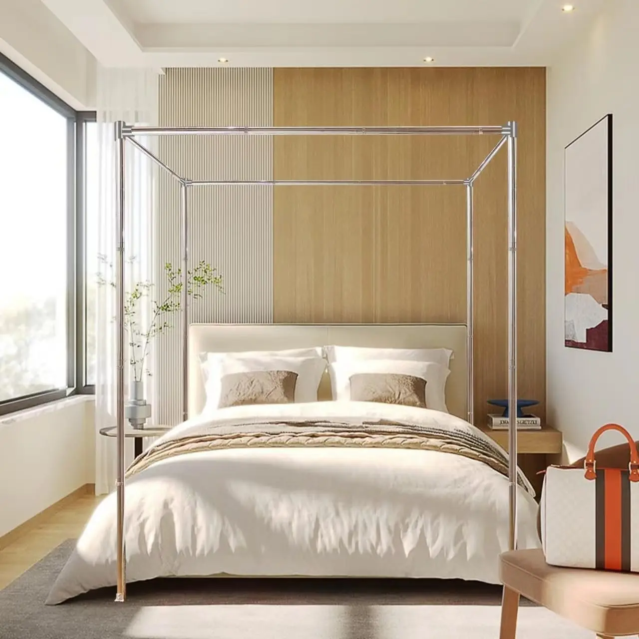 Stainless Steel Canopy Bed Frame for Queen Size - Bed Post Poles, Thicken Brackets, Mosquito Curtains