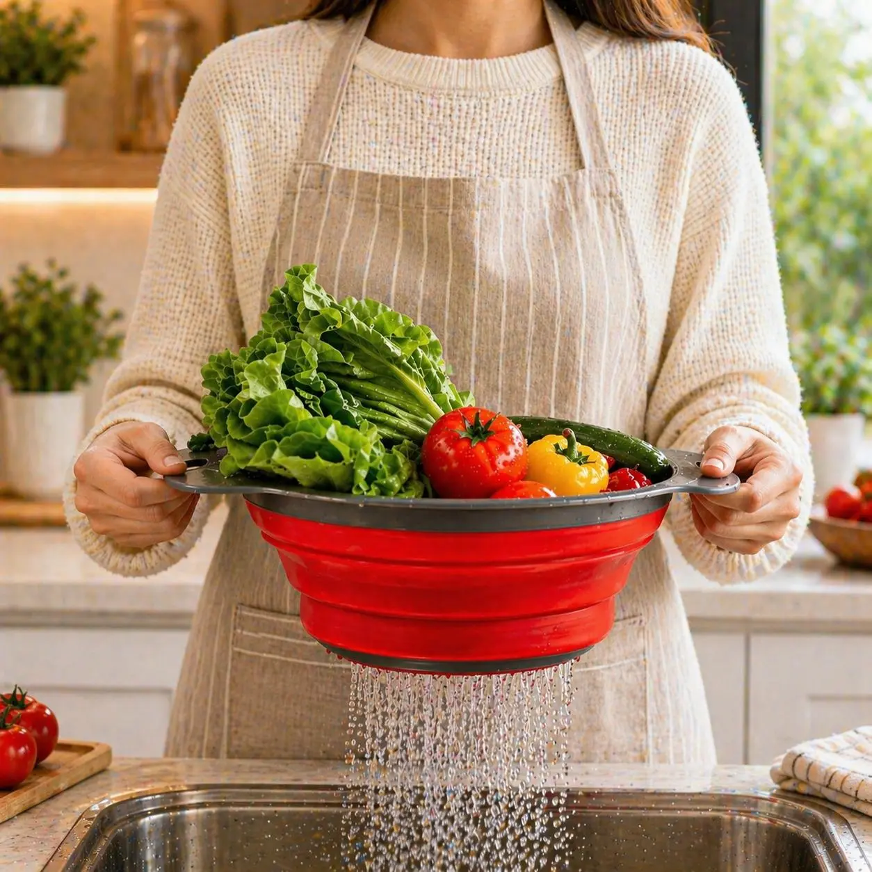 Collapsible Sturdy Colander with Handles - Food-Grade Kitchen Gadget, Fast Water Flow Fruit/Veg Wash Bin, Space-Saving Foldable Food Strainer Basket for Pasta Prep