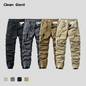 Clean Gent men’s cargo pants with a tightening waist and multiple pockets, loose zip-fly cuffed pants made from breathable, skin-friendly cotton fabric—all-season men’s long pants with a regular fit and stylish design.