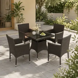 【With hole】Costoffs 5-Piece Outdoor Dining Set, Rattan Patio Furniture with 4 Chairs and Tempered Glass Table Featuring Umbrella Hole, Ideal for Garden, Backyard, Deck, or Balcony