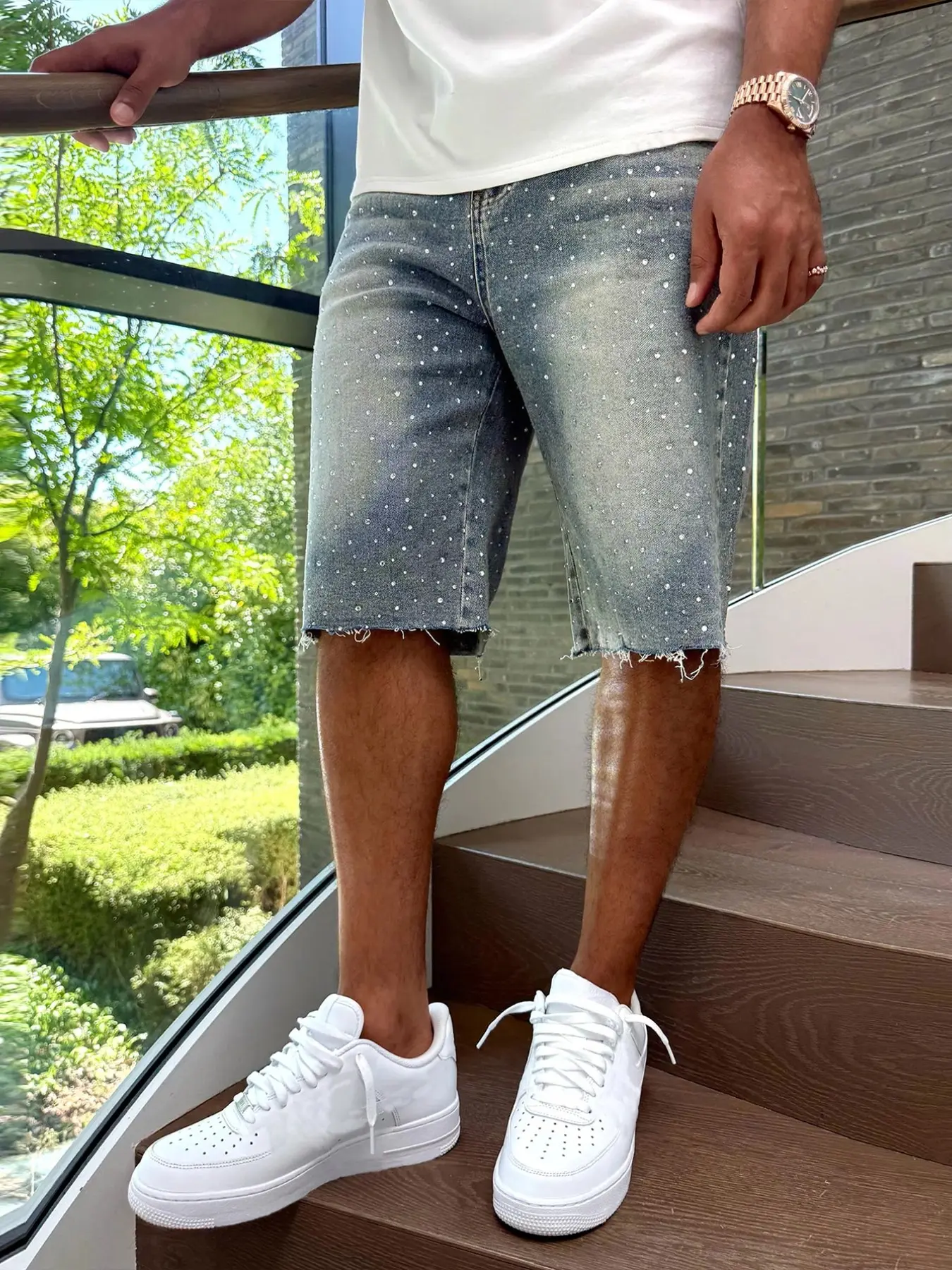 Men's Light Blue Denim Mid-Length Shorts, Aesthetic Streetwear with Rhinestone Embellishment, Raw Hem Cuffs, Tropical Resort Vibe for Summer Street Style