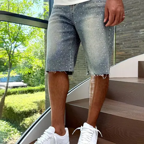 Men's Light Blue Casual Fashion Denim Mid-Length Shorts, Aesthetic Streetwear with Rhinestone Embellishment, Raw Hem Cuffs, Tropical Resort Vibe for Summer Street Style
