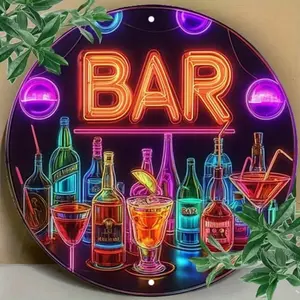 1pc Aluminum Vintage Round Wall Decor Sign with Colorful Drink Bottles and Wine Glasses Art for Bar Cafe Beach House Backyard Living Room Home Bar Signs For Home Bar