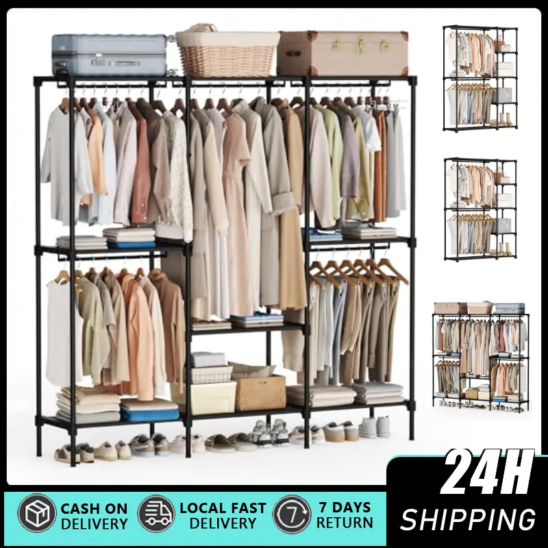 Free-Standing Clothes Armoire Wardrobe Storage Unit, Indoor Furniture with 4 Hanging Spaces, Hanging Rod, 4-Compartment Design, Movable Hangers, Portable for Bedroom, Cloakroom