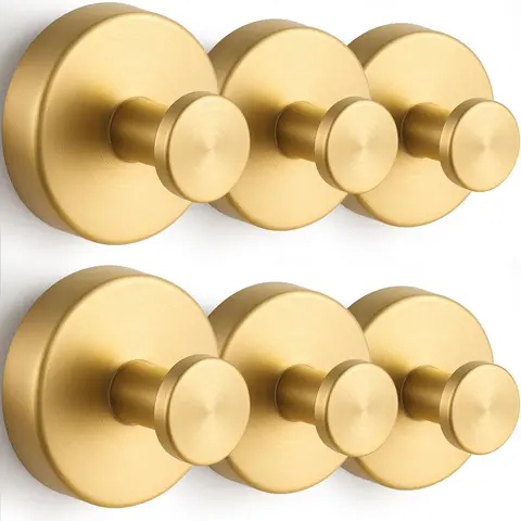 6 PCS Heavy-Duty Vacuum Suction Cup Hooks, Gold Strong Suction Stainless Steel Hooks, Bathroom Wall Hook, Shower Suction Cup Hooks, Load Capacity 6.8 kg, Waterproof & Rust-Proof Holders, Suitable for Sponges, Bathrobes and Coats, User-Friendly to Install