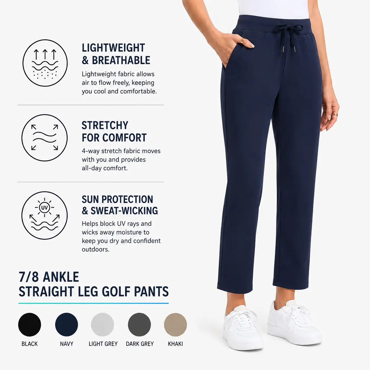 [Summer Must Have] IESOCO Women's 7/8 Ankle Golf Pants - UPF 50+ Lightweight, Breathable, Soft Stretch Straight Leg Trousers with No-Dig Waistband, Bouncy Fabric & Deep Pockets for Travel, Casual