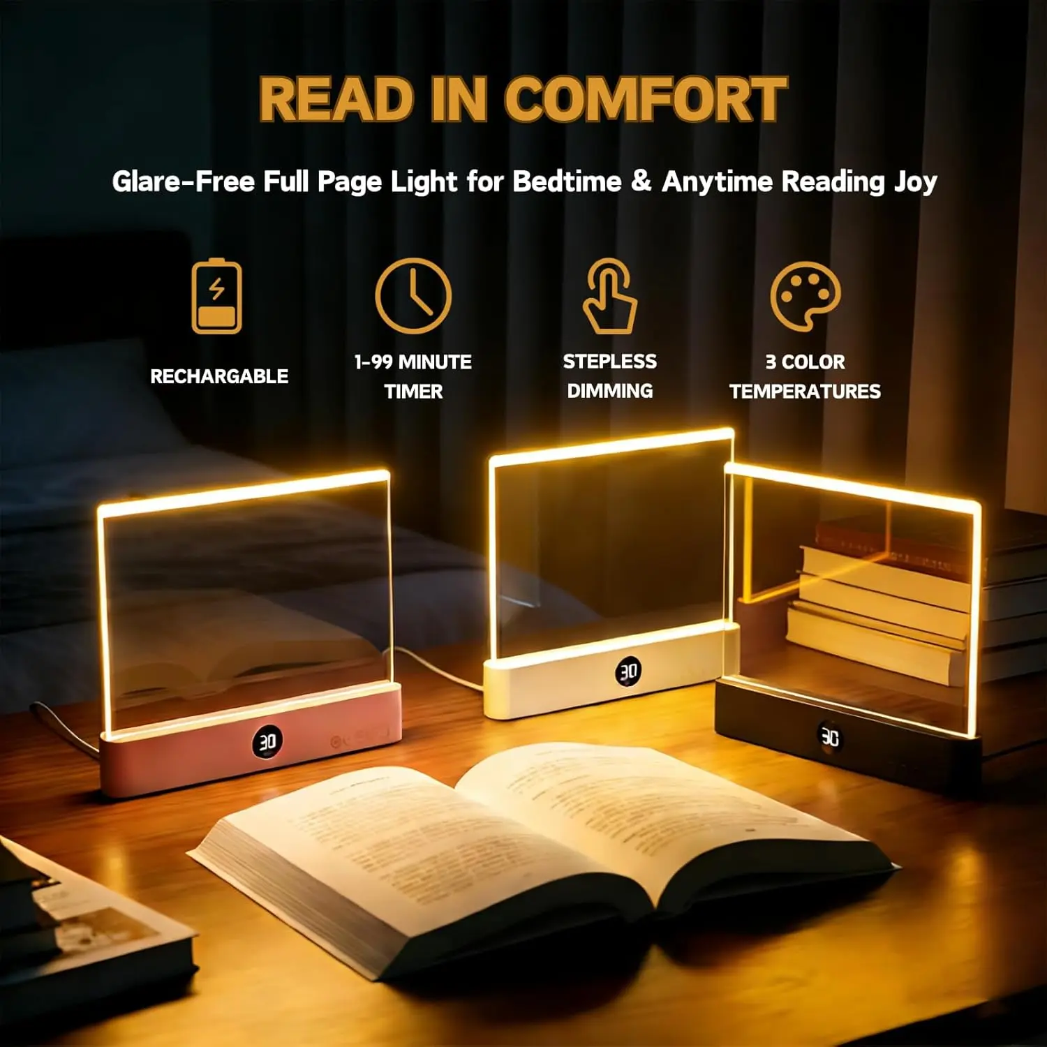 Flat Book Light for Reading in Bed with Timer, Clear LED Reading Panel Plate Lamp for Night, Ultra Thin Full Page Bookmark Light, No Stray Light Disturb Partner