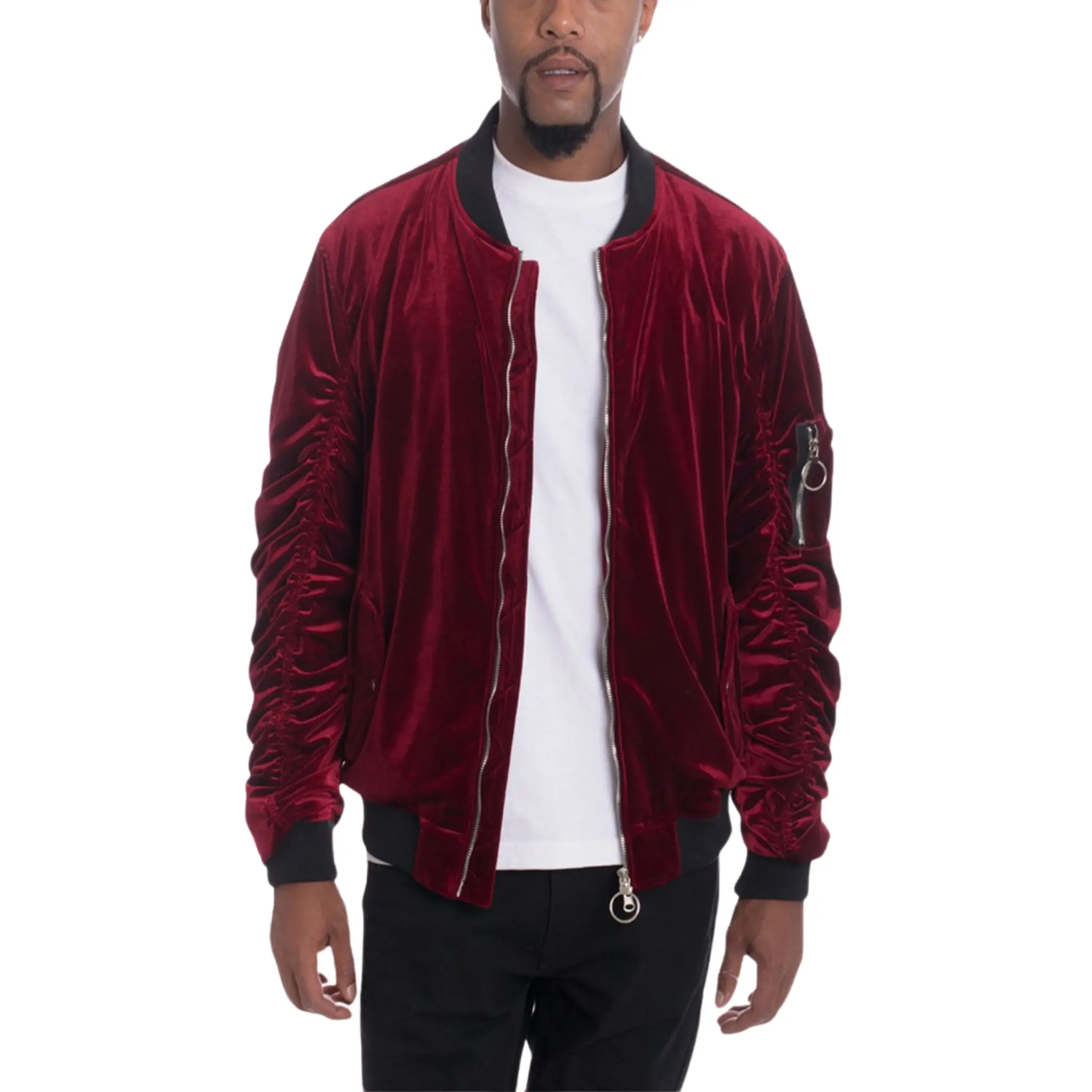 Men's Soft Velour Cinch Sleeve Maroon Bomber Jacket