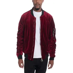 Men's Soft Velour Cinch Sleeve Maroon Bomber Jacket
