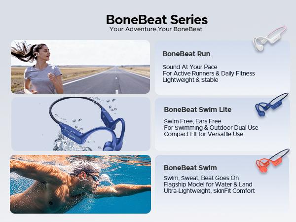 BoneBeat Swim Lite IP68 waterproof bone conduction headphones, Bluetooth + MP3 dual modes, open-ear design, up to 10 hours of playtime, Ideal for long swims, fitness, and outdoor adventures