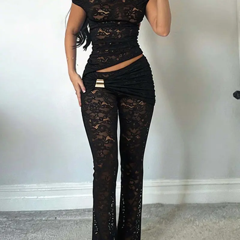 DOUCIU Elegant Chic Summer Two-Piece Set, Sheer Lace Backless Fitted Top and Pants, Sexy Minimalist Design, Perfect for High Street Fashion, Womenswear, Bell Bottom Set, Two Pieces Outfits