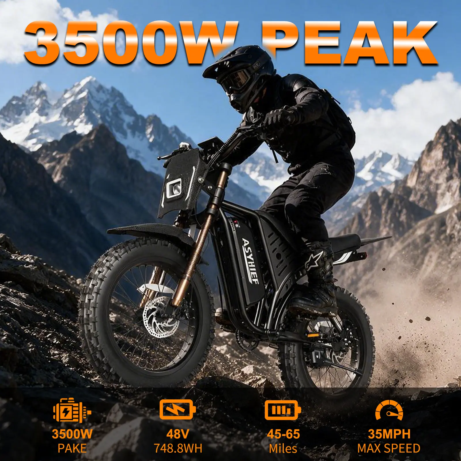 Powerful Off-Road E-Bike ASYHIEF AX200 for Adults, 3500W Peak 35MPH Top Speed, 48V 15.6AH UL2849 Battery 120Miles PAS Range, 17" All-Terrain Knobby Spoke Tires, Full Suspension Dual Disc Brake 7-Speed Electric Bicycle for Snow Beach Mountain Desert Travel