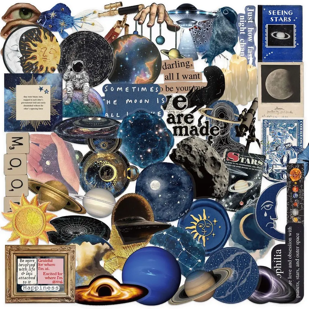 50PCS Transparent INS Space Sticker Collage Pack - Waterproof PET Decal Sticker for Scrapbooking, Guitar & Notebook Decor Aesthetic Stickers bulingbulingsticker PVC Waterproof Stickers Decorative Stickers