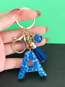 Chic Glittery Blue Star & Tassel Resin Letter Keychain, Initial Etm Design with Golden Clasp, Ideal for Valentine's Day or Birthday Gift