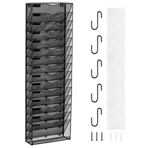 File Wall Rack, One-Piece 16 Pockets Mesh Wall File Holder, Wall Mounted Magazine Mail Paper & Document Storage Folder, Metal Wall File Organizer with Nametag Label, for Office Home & School