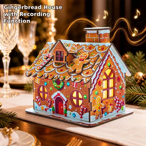 Recordable Lighted 3D Rhinestone DIY Diamond Painting Gingerbread House - Collectible Tabletop Ornament, Holiday Decoration, Voice Record Home Decor, Creative Gift Ornaments for Christmas
