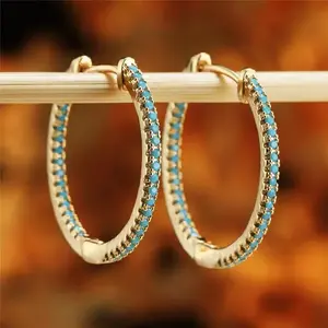 Golden / Silvery Hoop Earrings With Full Blue Turquoise Beads Decor Bohemian Style Copper 18K Gold Plated Jewelry Female Gift
