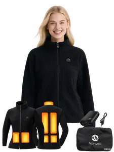 【Includes Power Bank】Norwell Womens Fleece Heated Jacket with 7.4V/3A 5000mAh Battery Pack, High Neck Long Sleeve Womenswear, Windproof Minimalist Thermal Comfort Coat, Simple Basic Outerwear for Winter Outdoor Water-Resistant Puffer warm clothes Tops