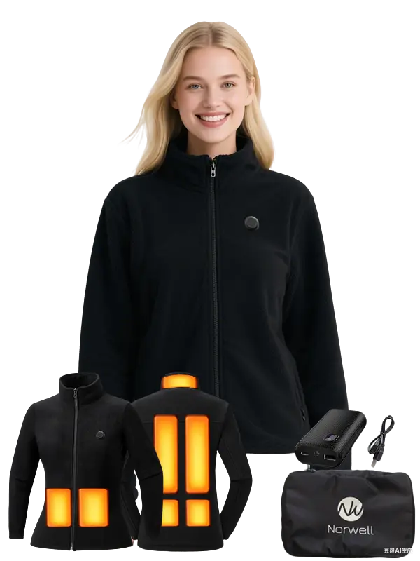 【Includes Power Bank】Norwell Womens Fleece Heated Jacket with 7.4V/3A 5000mAh Battery Pack, High Neck Long Sleeve Womenswear, Windproof Minimalist Thermal Comfort Coat, Simple Basic Outerwear for Winter Outdoor Water-Resistant Puffer warm clothes Tops