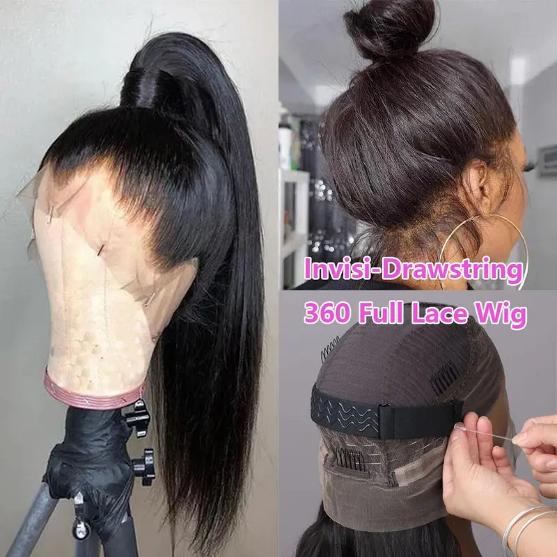 Bling Hair Invisi Strap 360 Full Lace Frontal Wigs Human Hair Bone Straight Wigs Brazilian Virgin Wigs Pre Plucked Drawstring Wig for Women 180 Density , Human Hair Wig for Women, 360 Full Lace Wig,Nature Color