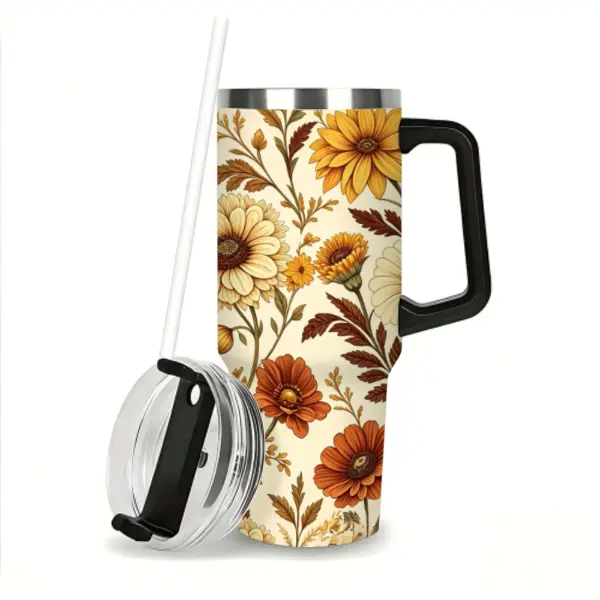 40oz Sunflower Tumbler with Handle and Straw, Fall Floral Insulated Travel Mug, Stainless Steel Coffee Cup, Autumn Flower Tumbler Gift for Her