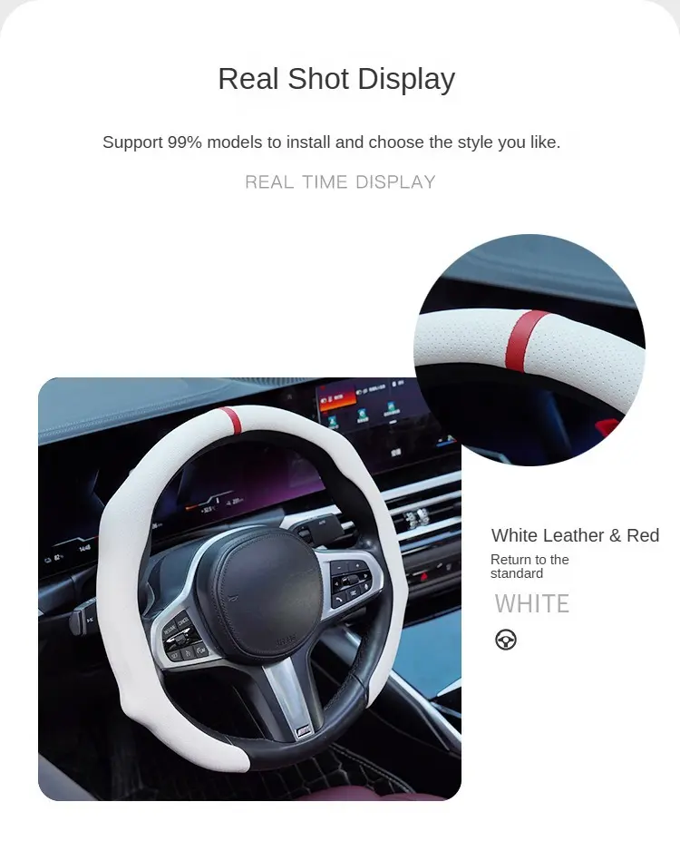 2026 New Nappa Leather Steering Wheel Cover, Car Interior Accessory with Red Stitching, Quick-Turn, Non-Slip, Breathable, Ultra-Thin, All-Season, White Leather, Alignment Mark, Secure Grip for Modern Drivers