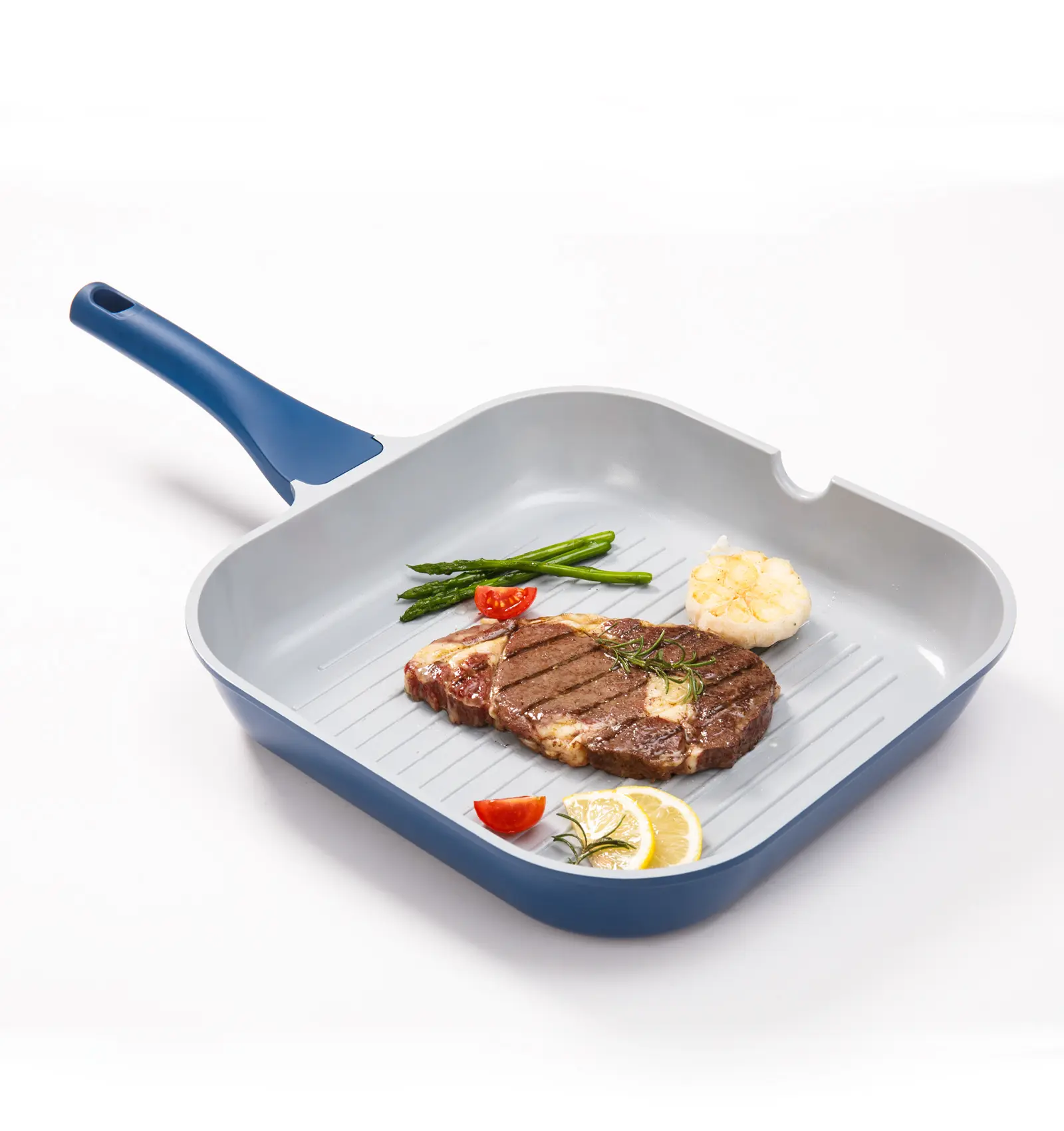KOCH SYSTEME Nonstick Square Grill Pan - 9.5/11 Inch Cookware with Pour Spouts, Bakelite Handle, Lightweight, Induction & Stove Top Compatible, PTFE & PFOA Free, Indoor Cooking, Blue/Orange