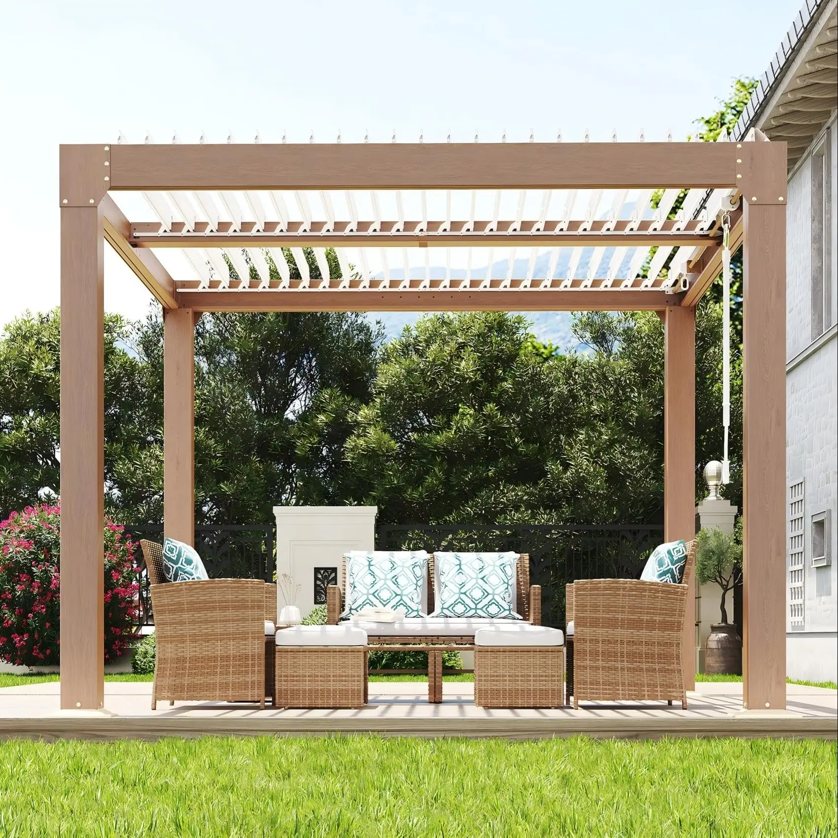 10 x 20 ft Louvered Pergola, Outdoor Hardtop Gazebo with Adjustable Roof, Reinforced Aluminum Frame, Integrated Drainage System, Wood Grain Finish for Patio and Deck
