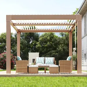 10 x 20 ft Louvered Pergola, Outdoor Hardtop Gazebo with Adjustable Roof, Reinforced Aluminum Frame, Integrated Drainage System, Wood Grain Finish for Patio and Deck
