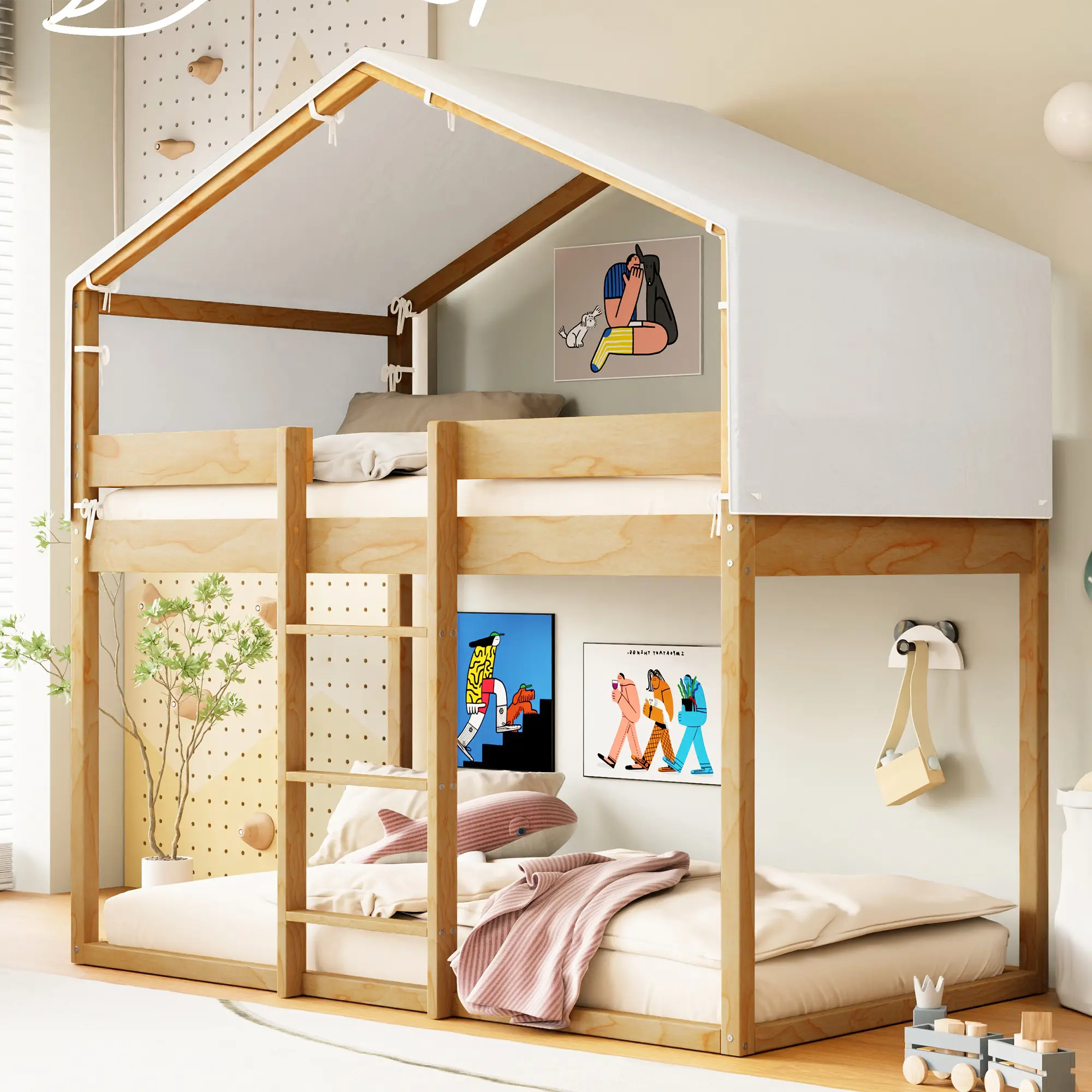 Twin Over Twin Wooden Bunk Bed Frame, Unique Shaped Loft Bed with Tent, Indoor Furniture for Home Use, Wooden Bed Frame