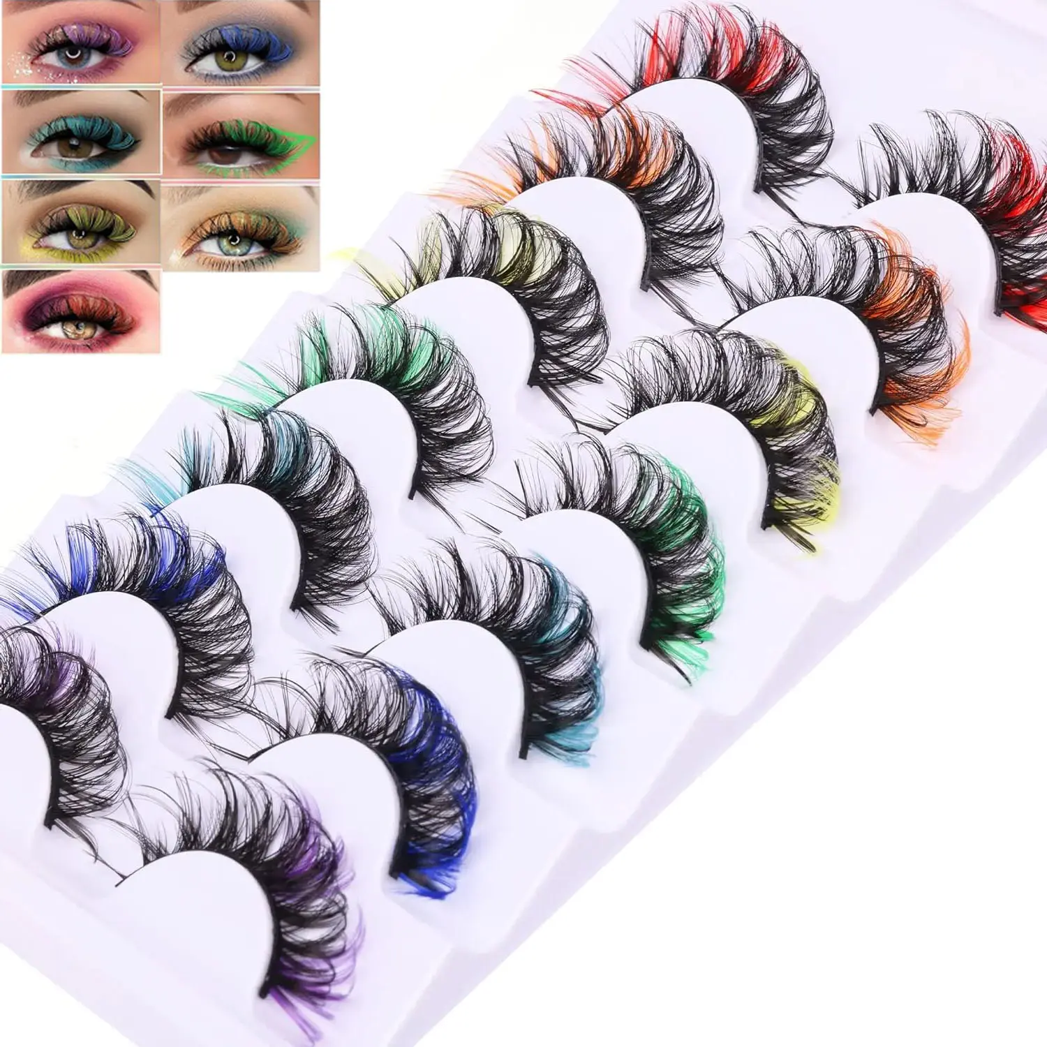 7 Pairs 5D Volume Colored Mink Lashes, Fluffy Natural Wispy Rainbow Strip False Eyelashes, Colorful Eye Lashes for Cosplay Party Festival Makeup