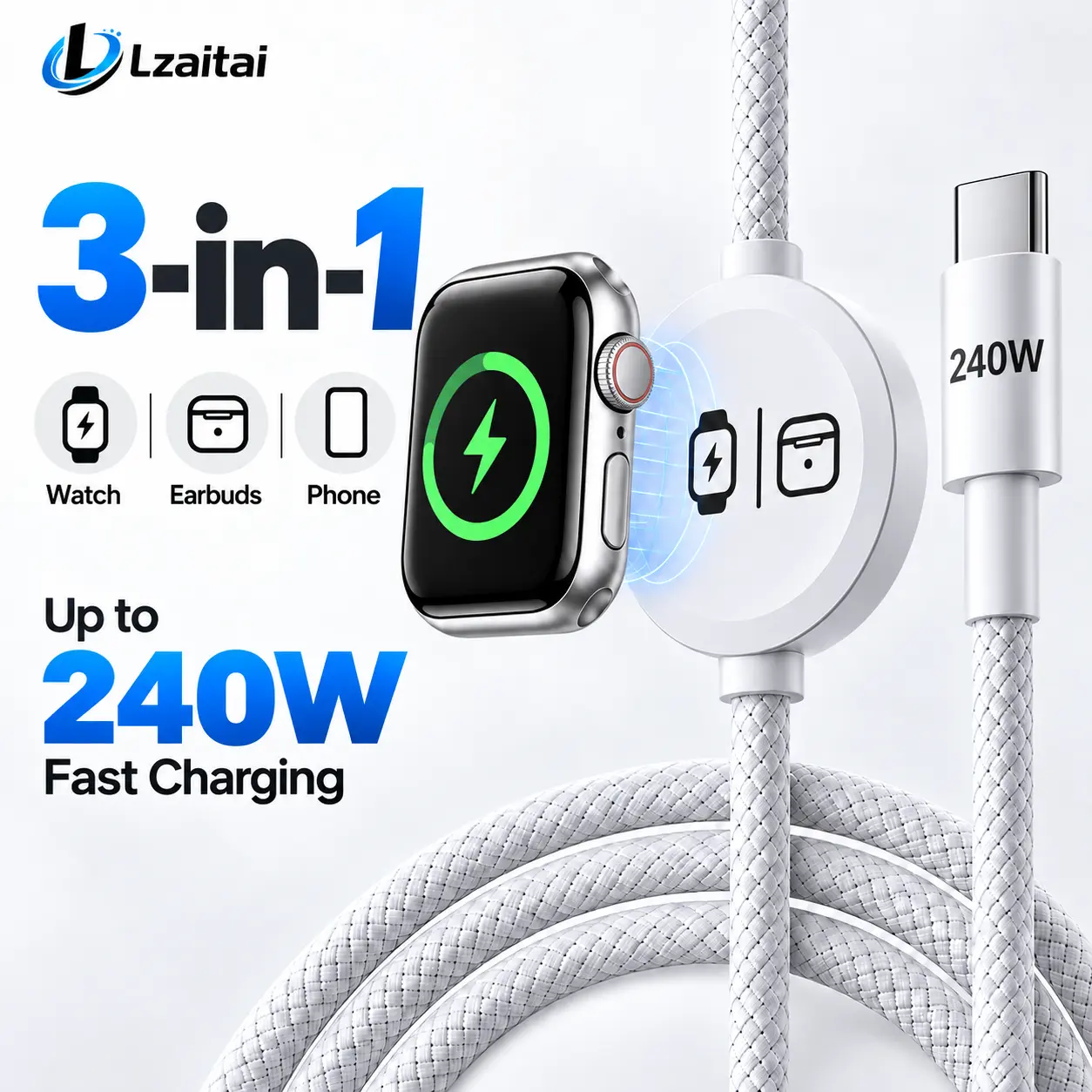 techvibes 240W 3-in-1 Braided Magnetic Charging Cable - 5FT USB-C Plug, Magnetic Charge Solution Compatible with Phones, iPads, MacBooks, Watches, Wireless Earbuds, 3-In-1 Cable