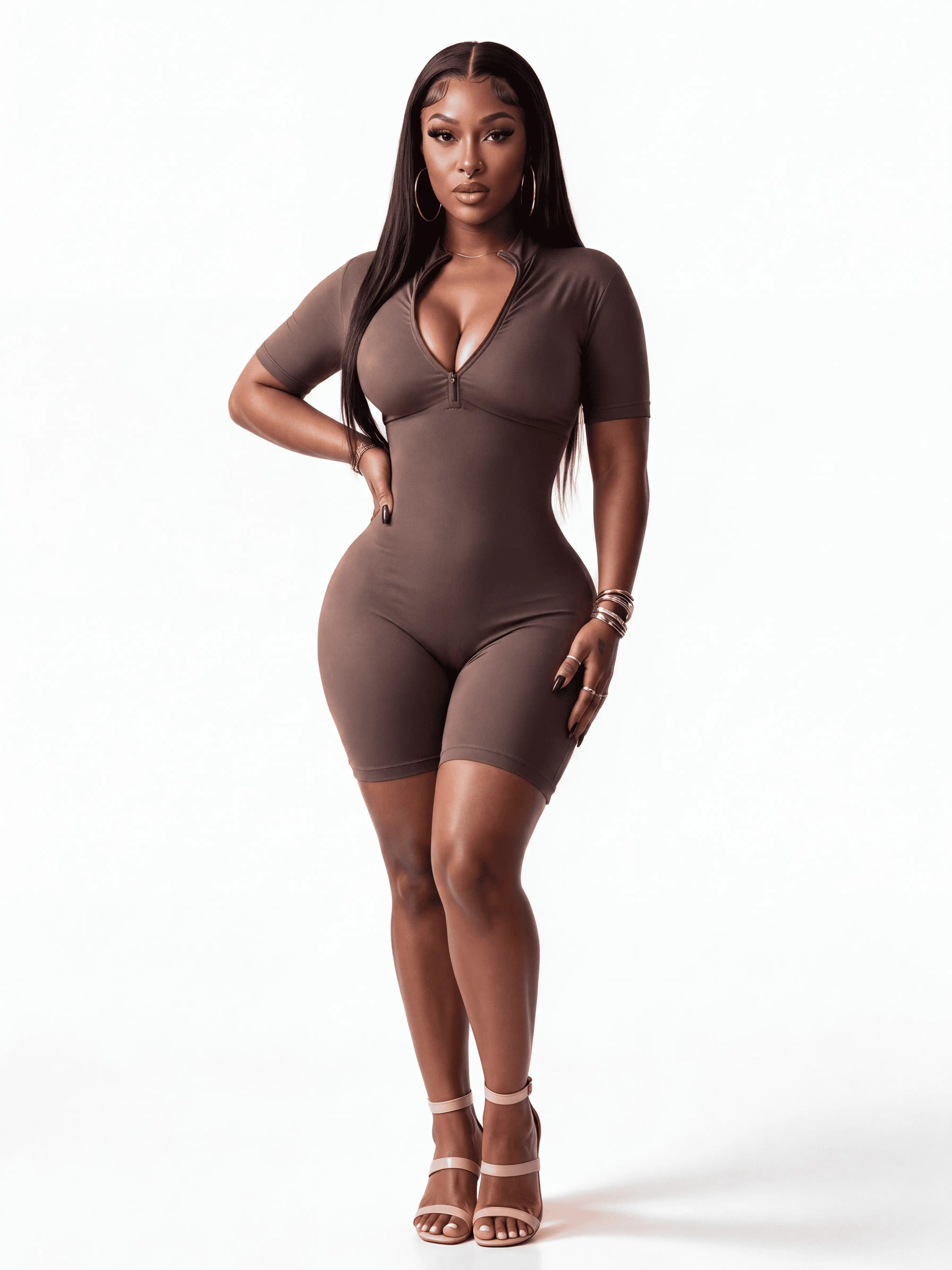 Short Sleeve Biker Bodysuit | Soft Control Shapewear | Bidirectional Lycra | Pre-Molded Bust | Semi-Invisible Zipper | Quick-Dry Active Wear | Smooth Fit | Curvy | Snatched Body