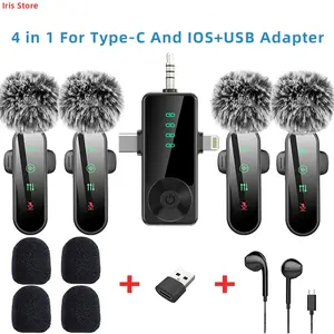 Pink 1 in 4 Lavalier Microphone Noise Cancelling Wireless Lavalier Mics With Wind Muff Lapel Mic For iPhone Android Camera 4 Pack LED Display