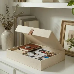 Decorative Photo Storage Box with Lid - A Beautiful Linen Organizer Perfect to Safely Store Your Pictures, Documents, Scrapbooking Supplies, Keepsakes and Other Memories in Style