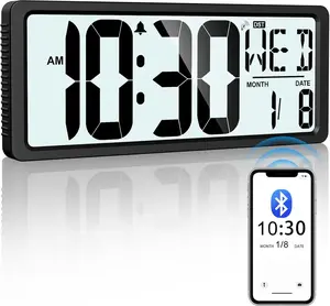 Backlight Wall Clock Battery Operated with Bluetooth Time Sync/No Required, 15'' Large Wall Clock with Day, Date & Temperature, Large Clock for Bedroom, Office